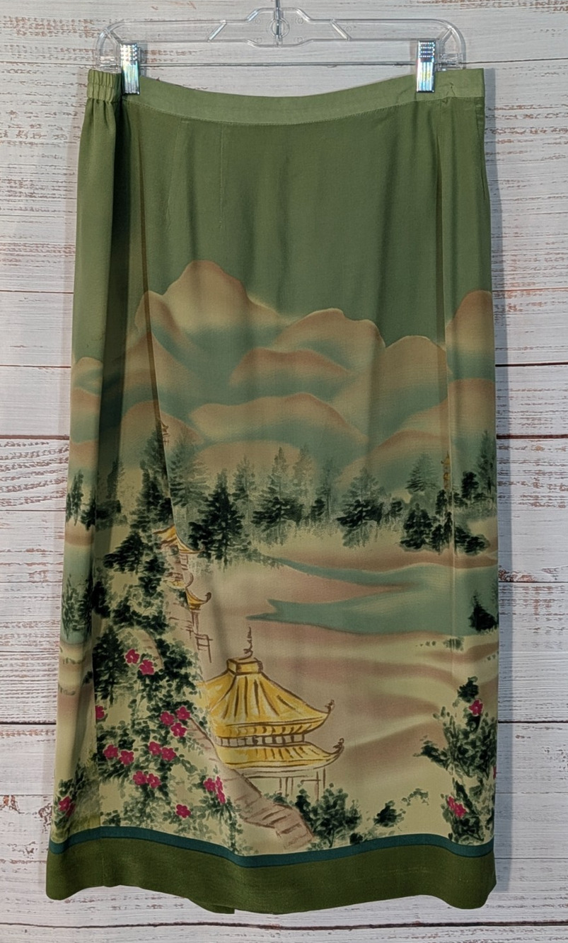 Plaza South Petite Womens Silk Skirt Green Oriental Asian Floral Print 16P